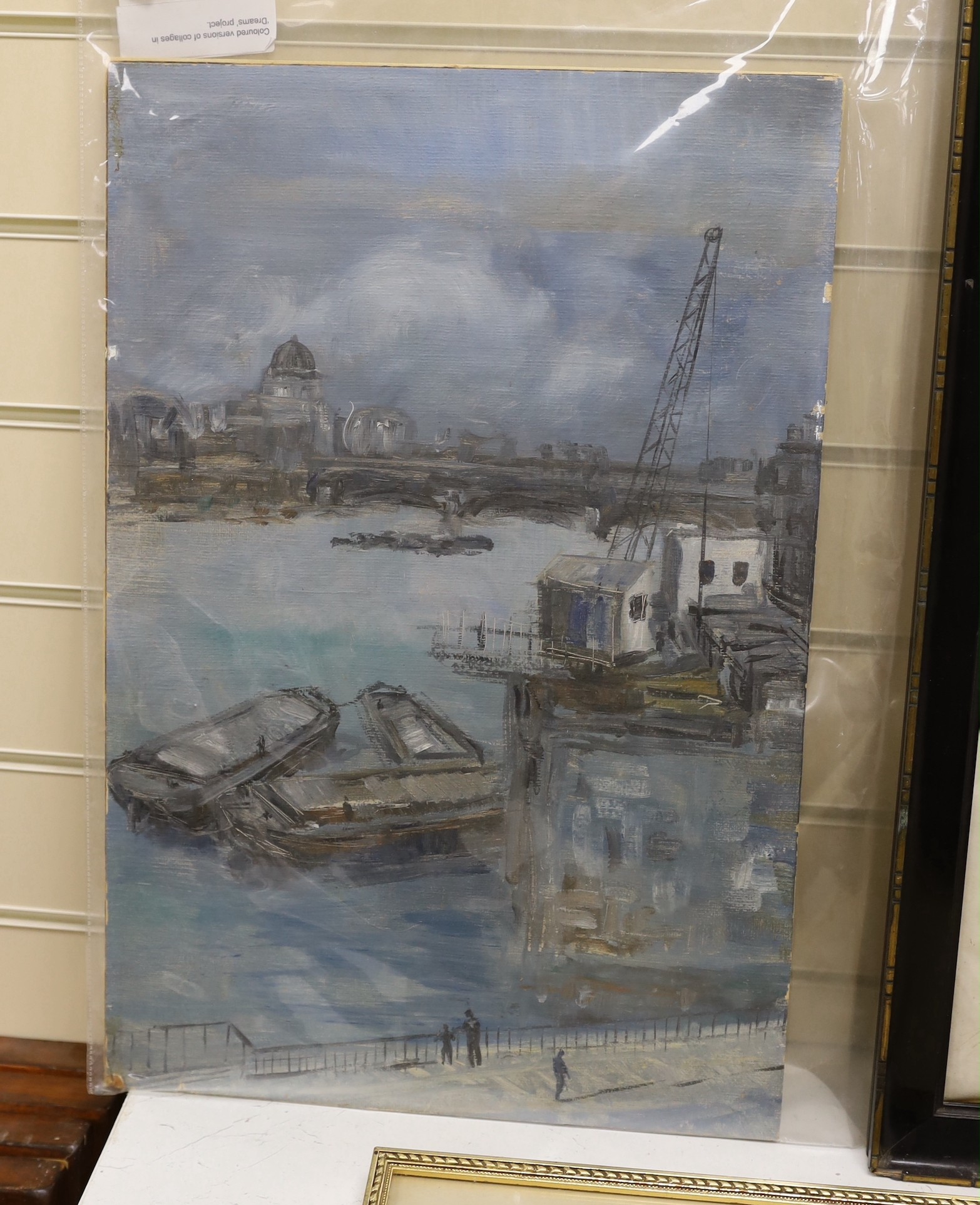 Modern British, oil on board, Southbank looking towards St Paul’s Cathedral with Blackfriars Bridge in the mid-ground, unsigned, 54 x 35cm
